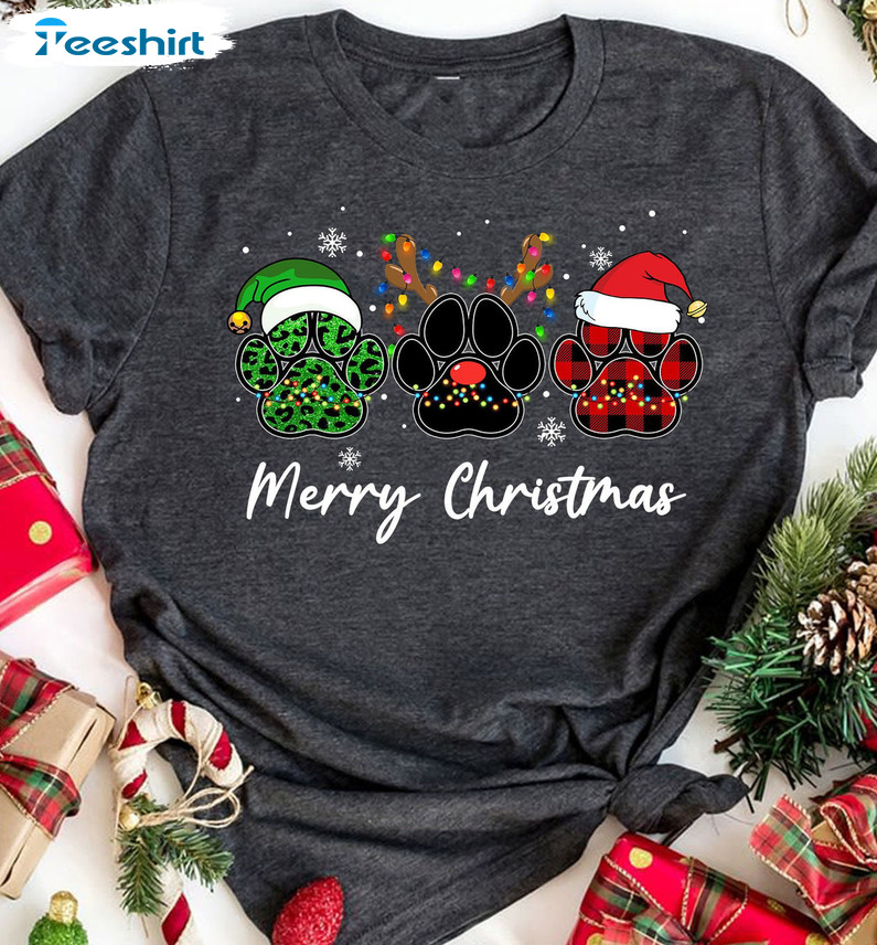 Christmas Dog Paws Shirt - Christmas Lights Crewneck Unisex Hoodie