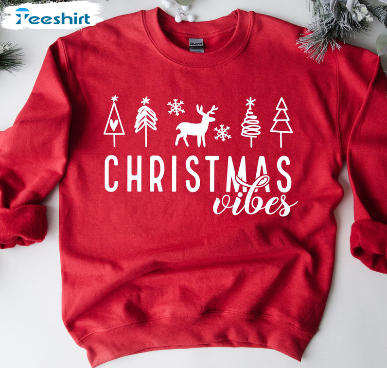 Christmas Vibes Sweatshirt, Xmas Tree And Reindeer Long Sleeve Sweater