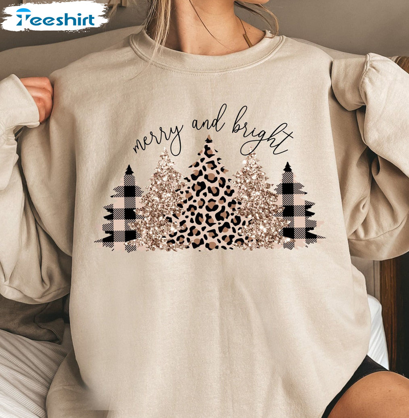 Merry And Bright Shirt, Christmas Tree Sweatshirt Long Sleeve