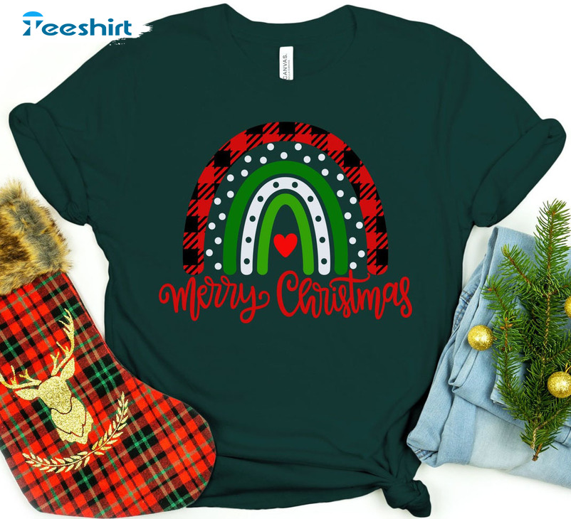Merry Christmas Rainbow Shirt, Buffalo Plaid Short Sleeve Unisex T-shirt