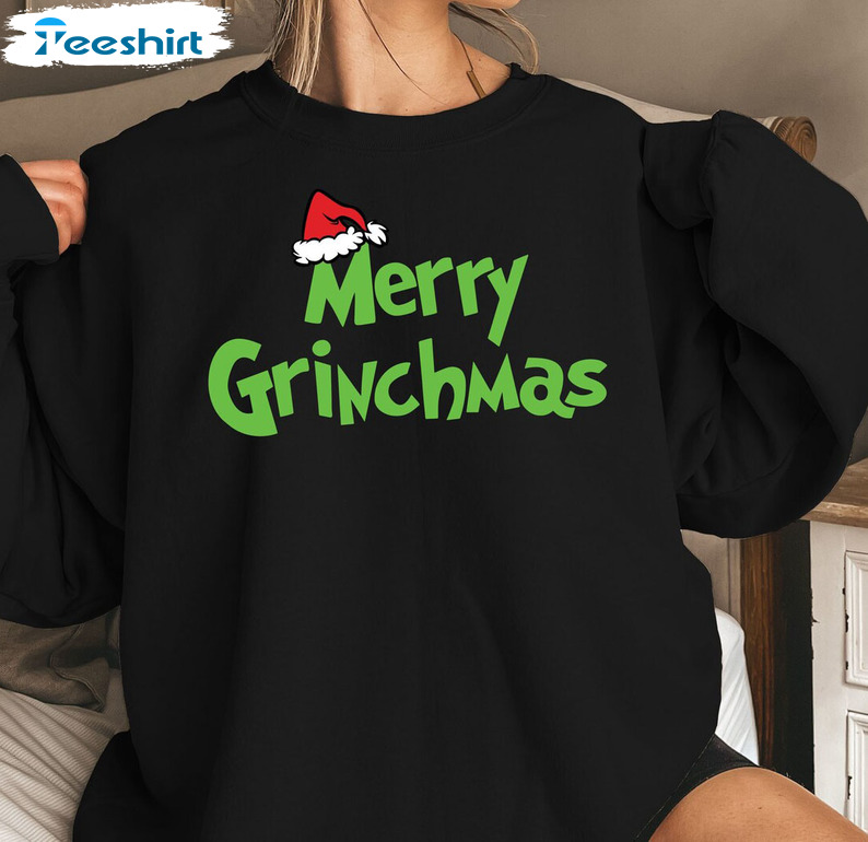 Merry Grinchmas Shirt, Grinch Santa Hat Long Sleeve Unisex Hoodie