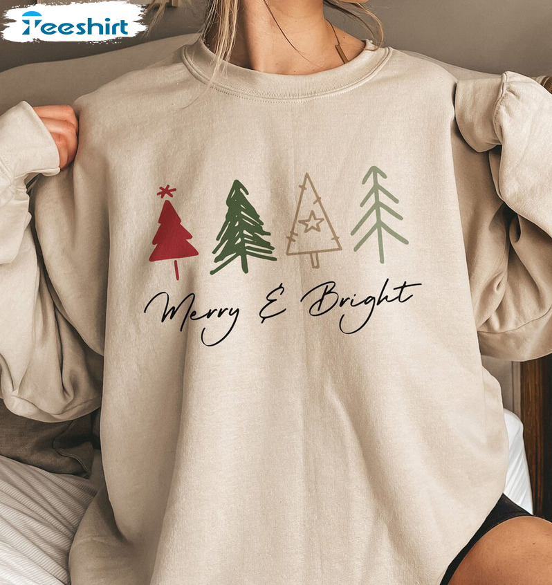 Merry And Bright Shirt, Christmas Tree Vintage Sweatshirt Short Sleeve