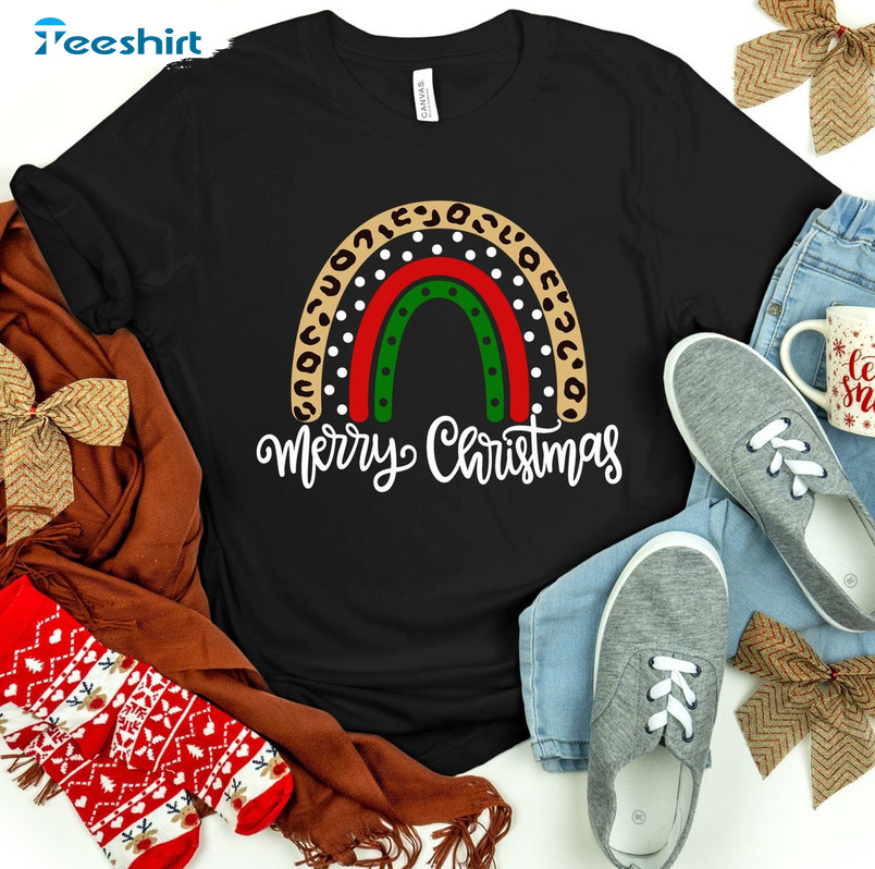 Merry Christmas Rainbow Shirt, Leopard Christmas Unisex Hoodie Short Sleeve