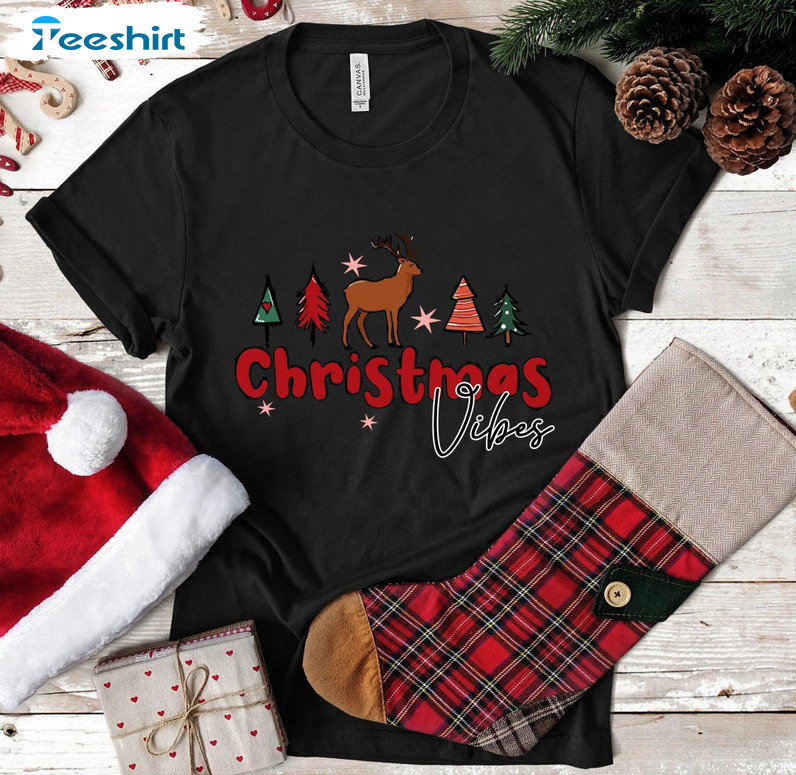 Christmas Vibes Shirt, Cute Reindeer And Christmas Tree Unisex Hoodie Long Sleeve