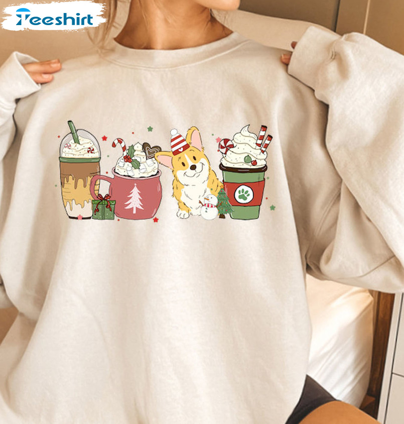 Corgi Christmas Sweatshirt, Dog Coffee Short Sleeve Crewneck