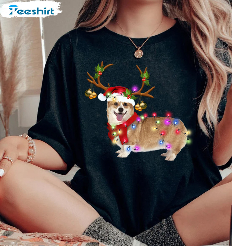 Corgi Christmas Lights Shirt, Christmas Reindeer Corgi Sweatshirt Crewneck