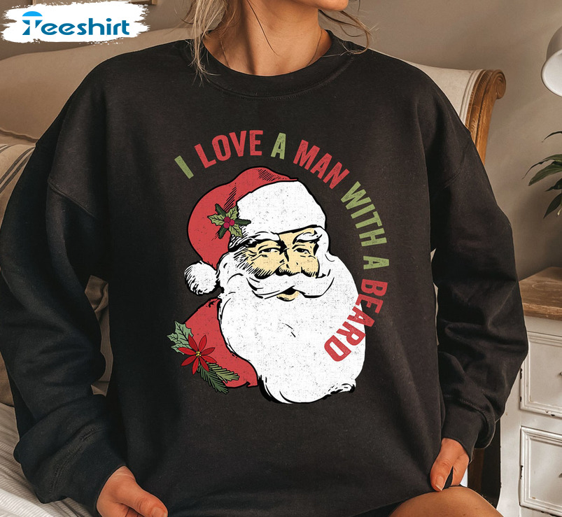 I Love A Man With A Beard Shirt, Christmas Retro Santa Long Sleeve Hoodie