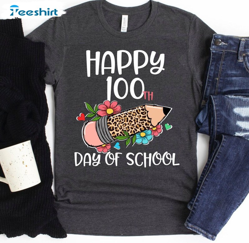 Happy 100th Day Of School Leopard Shirt, Funny Short Sleeve Sweatshirt