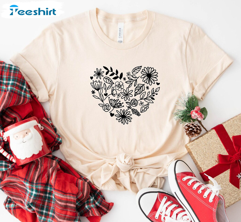 Floral Heart Shirt, Valentine Matching Unisex T-shirt Crewneck For Couple