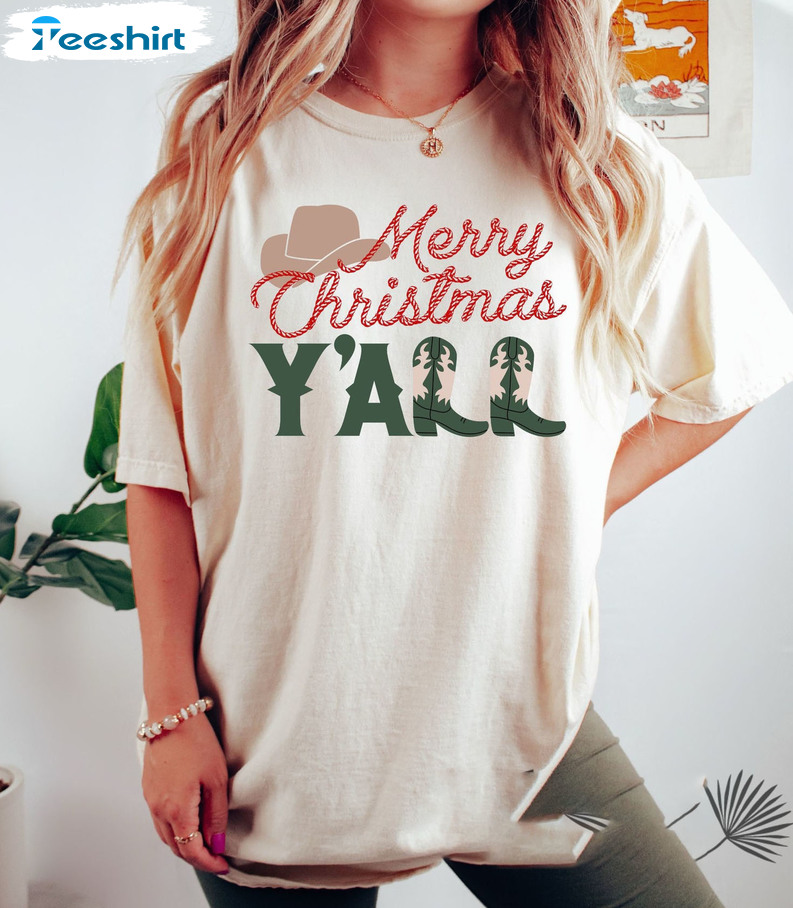 Merry Christmas Y'all Shirt, Trendy Christmas Cow Girls Unisex Hoodie Short Sleeve