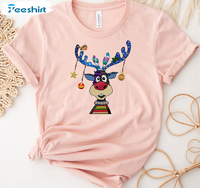 Merry Christmas Reindeer Shirt, Reindeer Lights Short Sleeve Crewneck