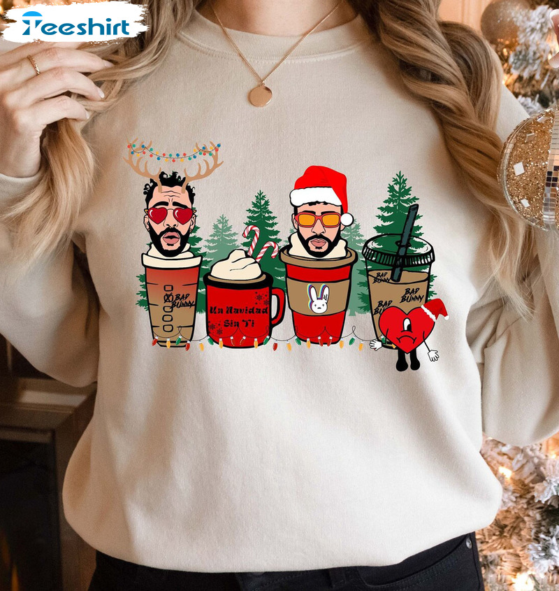 Bad Bunny Coffee Cups Christmas Shirt, Christmas Tree Crewneck Short Sleeve