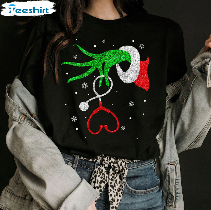 Grinch Hand Stethoscope Shirt, Christmas Nursing Long Sleeve Sweater