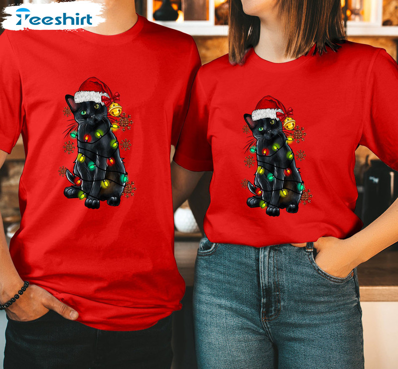 Black Cat Christmas Lights Shirt, Funny Family Sweatshirt Crewneck