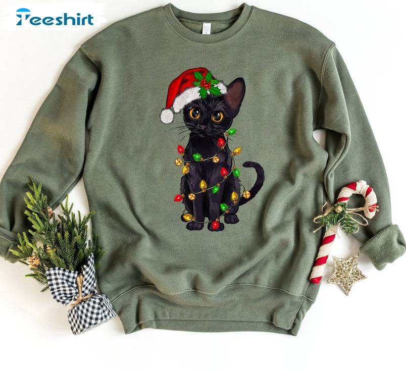 Black Cat Christmas Lights Shirt, Christmas Vintage Long Sleeve Unisex T-shirt