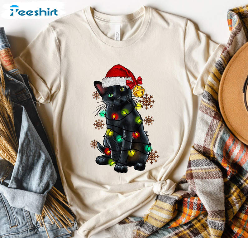 Black Cat Christmas Shirt, Christmas Lights Unisex Hoodie Long Sleeve
