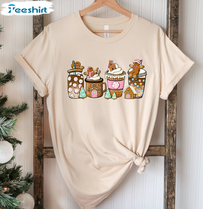 Gingerbread Coffee Shirt, Christmas Sweets Snow Unisex T-shirt Crewneck