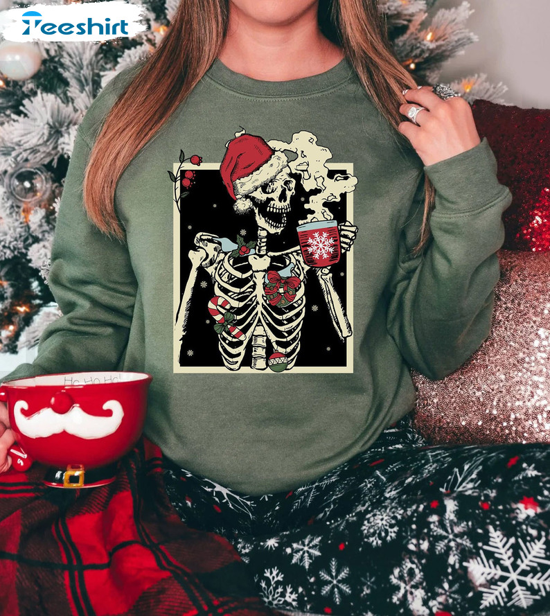 Dead Inside Skeleton Drinking Coffee Shirt, Christmas Coffee Long Sleeve Hoodie