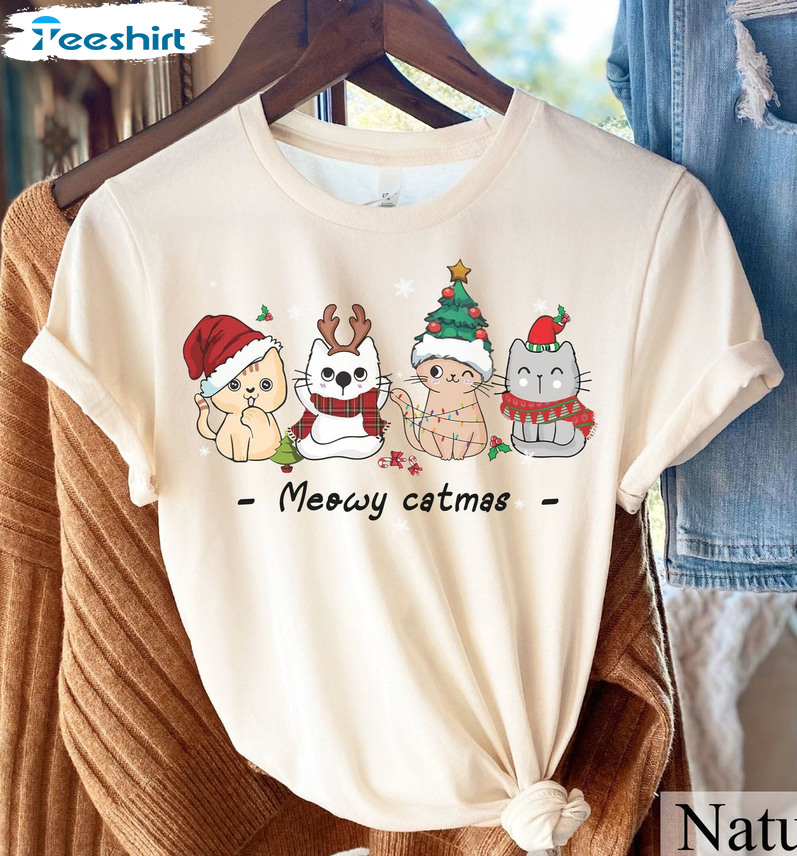 Meowy Catmas Shirt, Funny Christmas Cat Unisex T-shirt Short Sleeve