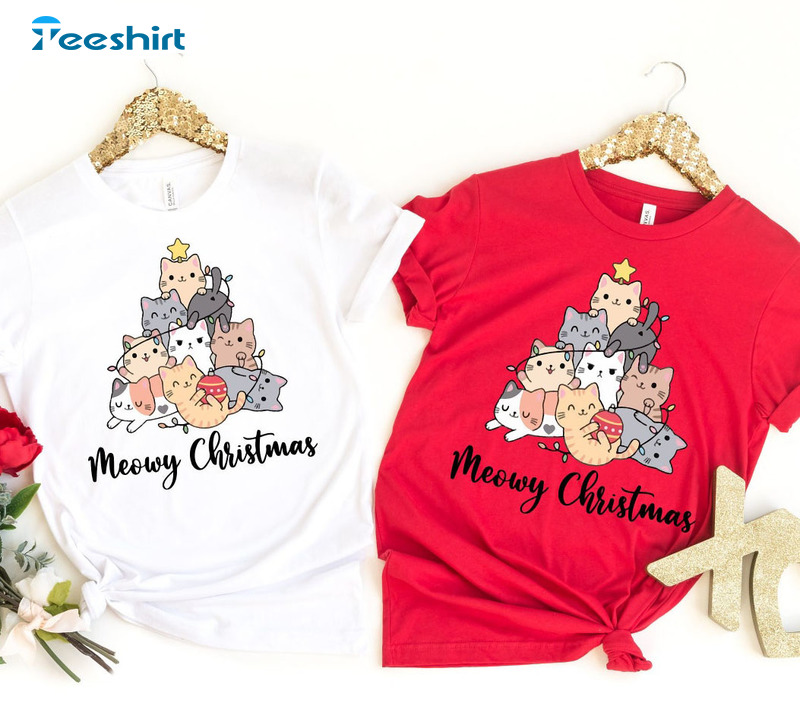 Meowy Catmas Shirt, Christmas Tree Cute Cat Short Sleeve Unisex T-shirt