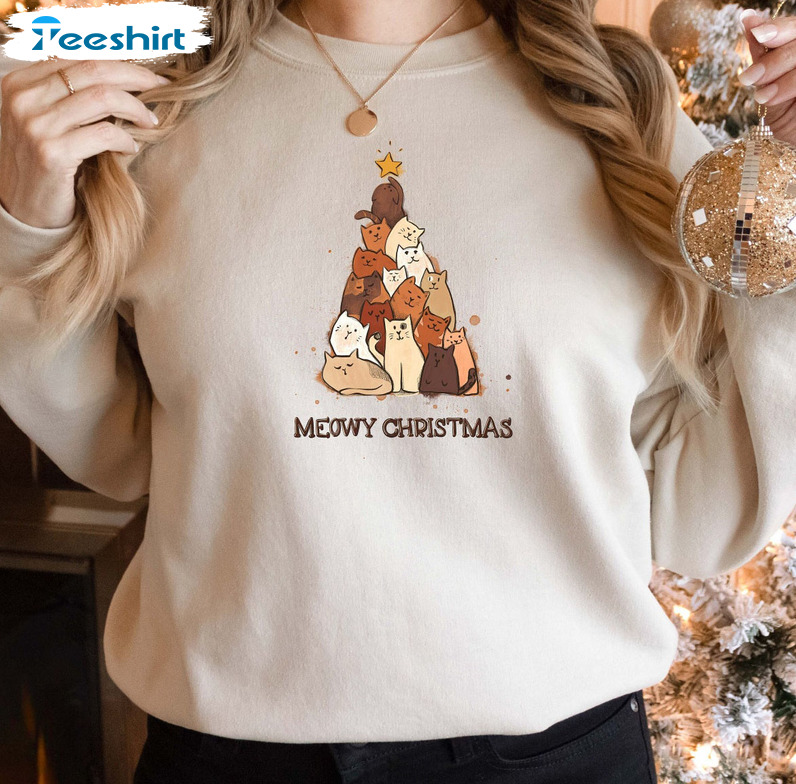 Meowy Catmas Shirt, Christmas Tree Cat Unisex Hoodie Long Sleeve