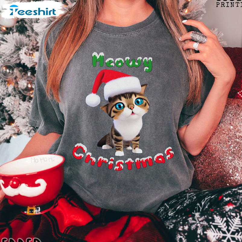 Meowy Christmas Shirt, Christmas Cute Cat Unisex Hoodie Short Sleeve