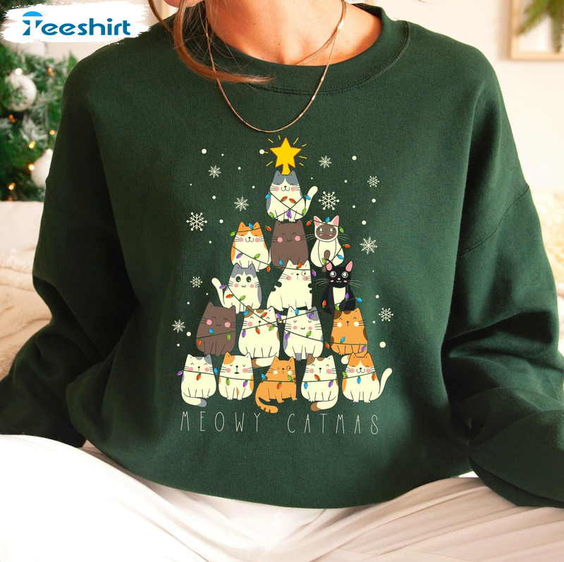 Meowy Catmas Shirt, Christmas Tree Sweatshirt Unisex Hoodie