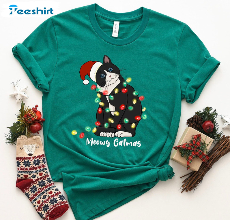 Meowy Catmas Shirt, Christmas Cute Cat Sweatshirt Unisex Hoodie