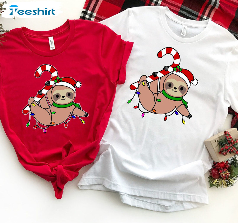 Funny Sloth Santa Hat Shirt, Candy Cane Short Sleeve Tee Tops