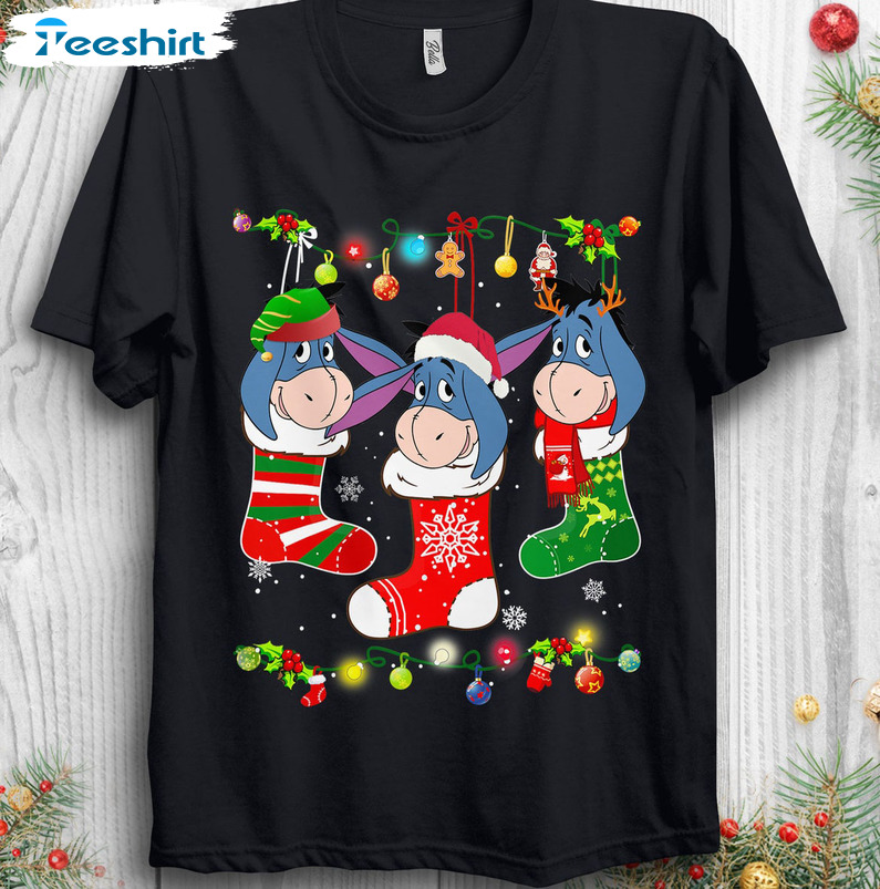 Eeyore Christmas Socks Shirt, Christmas Lights Short Sleeve Crewneck