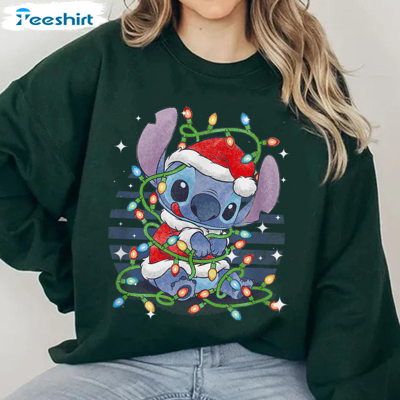 Stitch Santa Christmas Lights Shirt, Disney Xmas Unisex Hoodie Short Sleeve