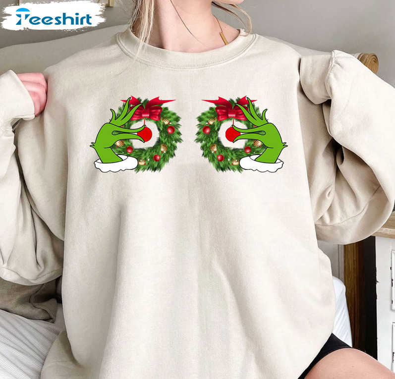 Funny Grinch's Hand Is On The Breast Shirt, Christmas Boobies Short Sleeve