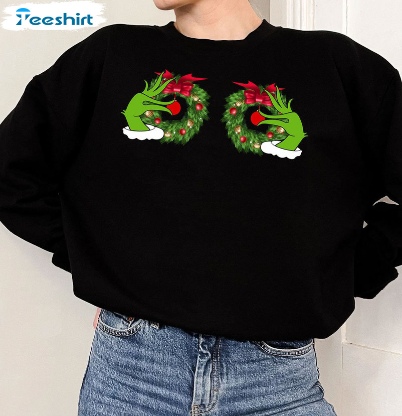 Funny Grinch S Hand Is On The Breast Shirt Christmas Boobies Short Sleeve