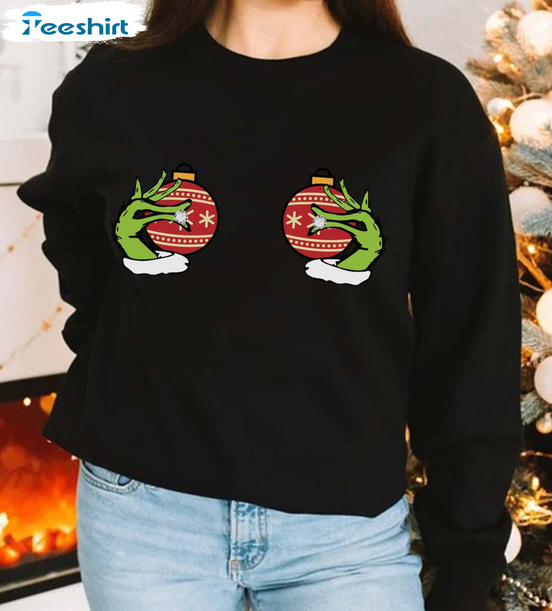 Funny Grinch's Hand Is On The Breast Sweatshirt, Christmas Short Sleeve Tee Tops