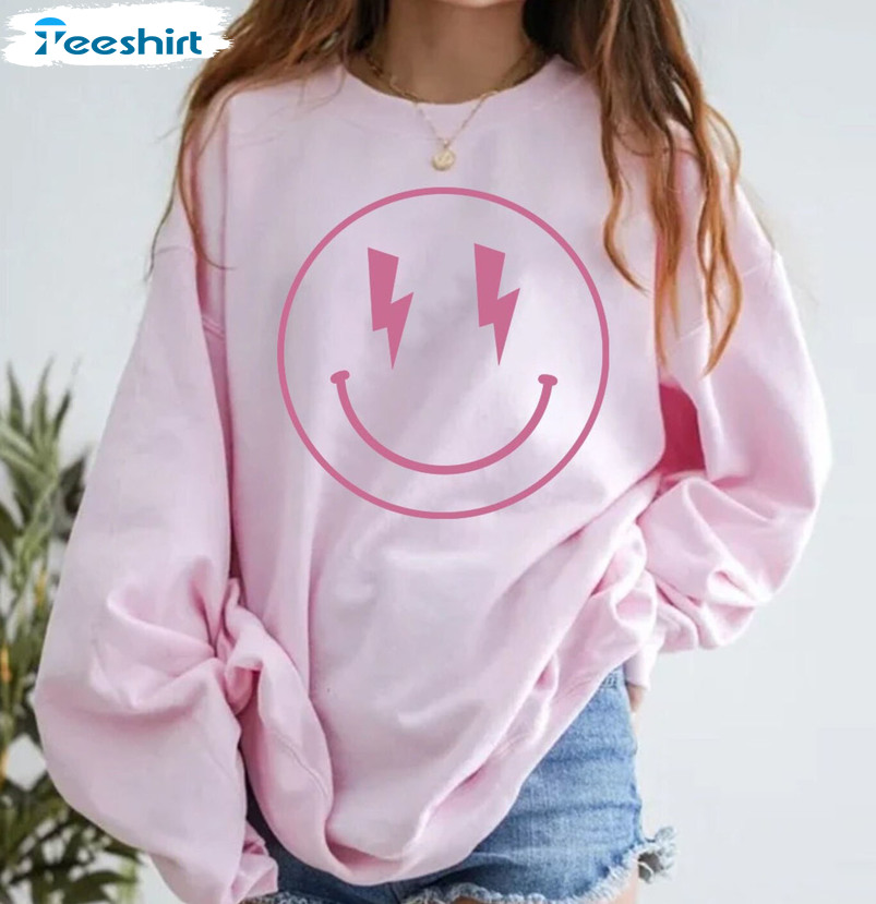 Smile Lightning Bolt Sweatshirt, Happy Face Short Sleeve Crewneck