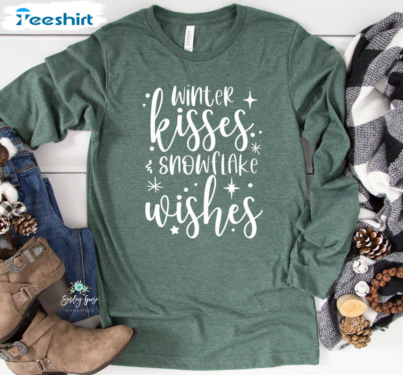 Women's Graphic Winter Kisses Snowflake Wishes Sweatshirt Hoodie Long Sleeve T-Shirt