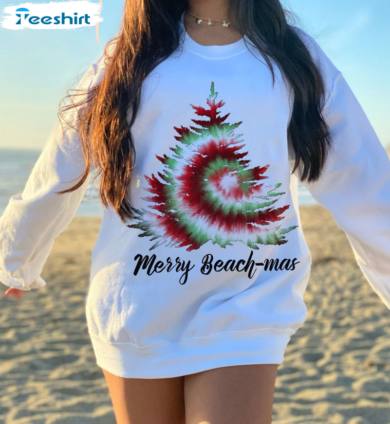 Merry Beachmas Sweatshirt, Tropical Tie Dye Christmas Tree Shirt