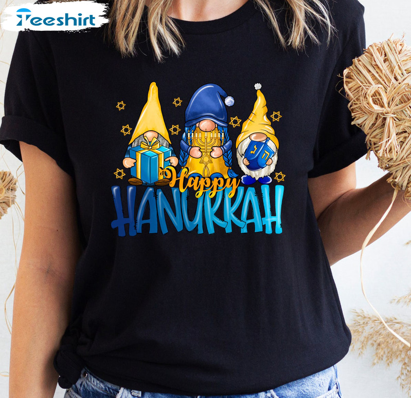 Happy Hanukkah Shirt, Three Gnomes Hanukkah Long Sleeve Unisex Hoodie