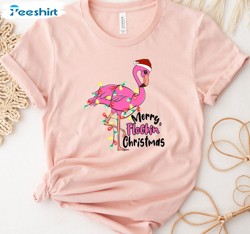 Merry Flockin Christmas Shirt, Christmas Flamingo Tee Tops Long Sleeve