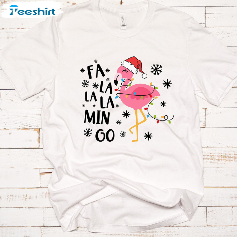 Christmas Fa La La La Mingo Shirt, Flamingo Wrapped In Christmas Lights Tee Funny