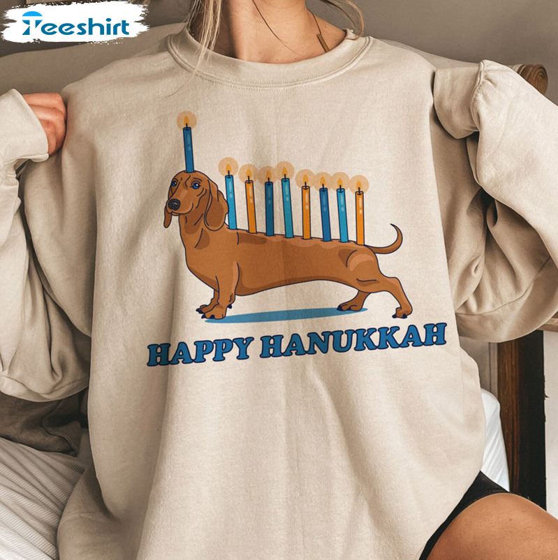 Happy Hanukkah Shirt, Weiner Dog Menorah Tee Tops Long Sleeve