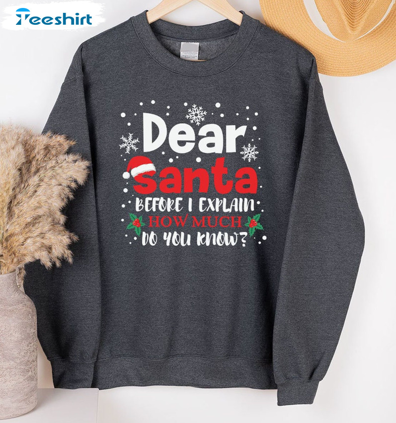 Dear Santa Before I Explain How Much Do You Know Shirt, Funny Xmas Crewneck T-shirt