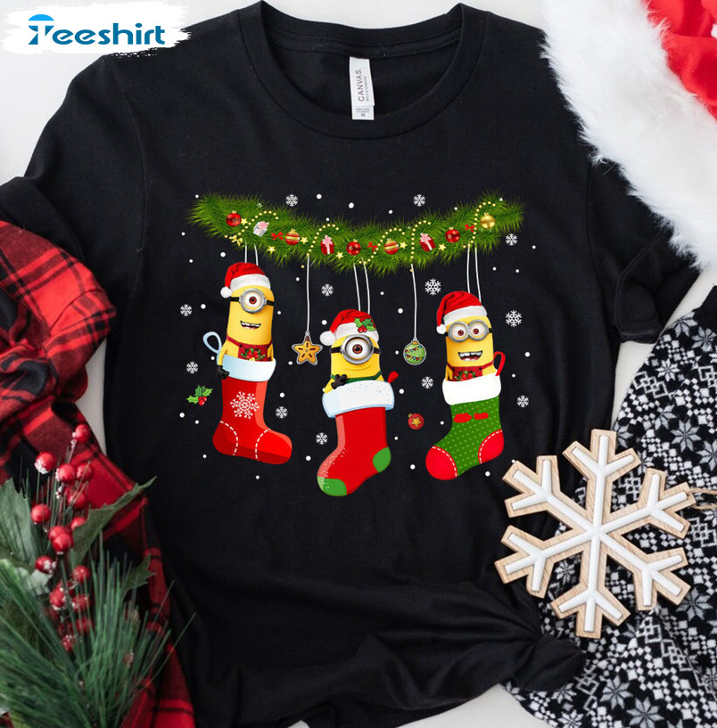 Christmas Stocking Minions Santa Shirt, Minions Christmas Short Sleeve Sweater