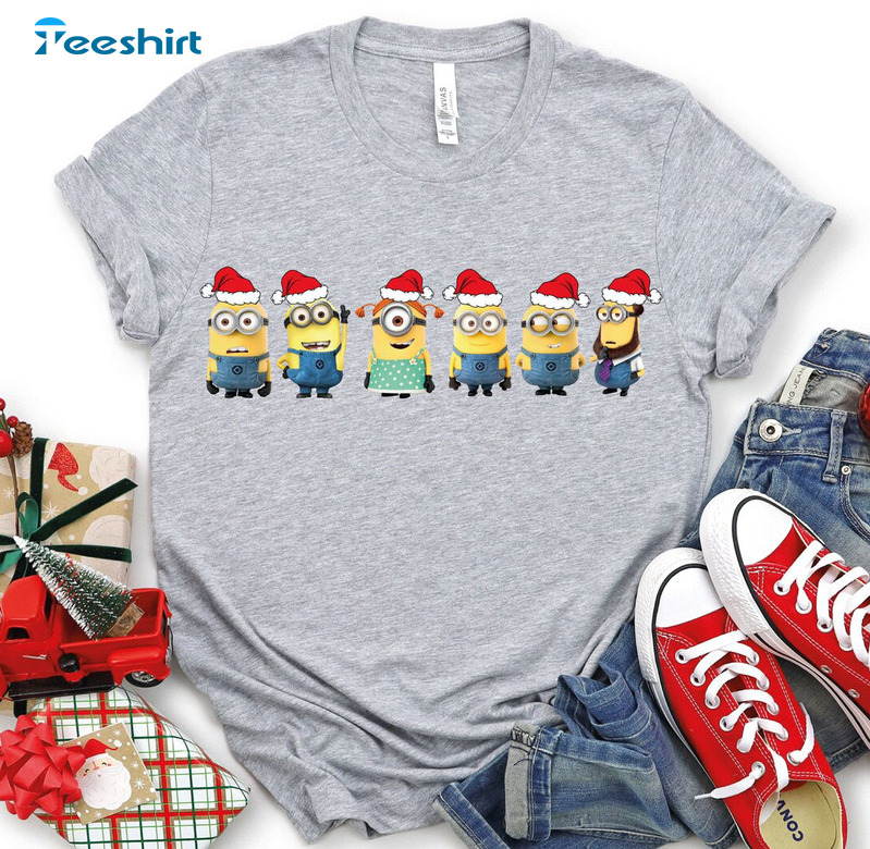 Minions Christmas Shirt, Minions Santa Hat Family Sweatshirt Long Sleeve