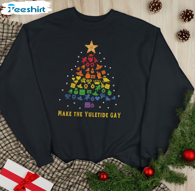 Make The Yuletide Gay Shirt, Lgbtq Christmas Tree Short Sleeve Hoodie