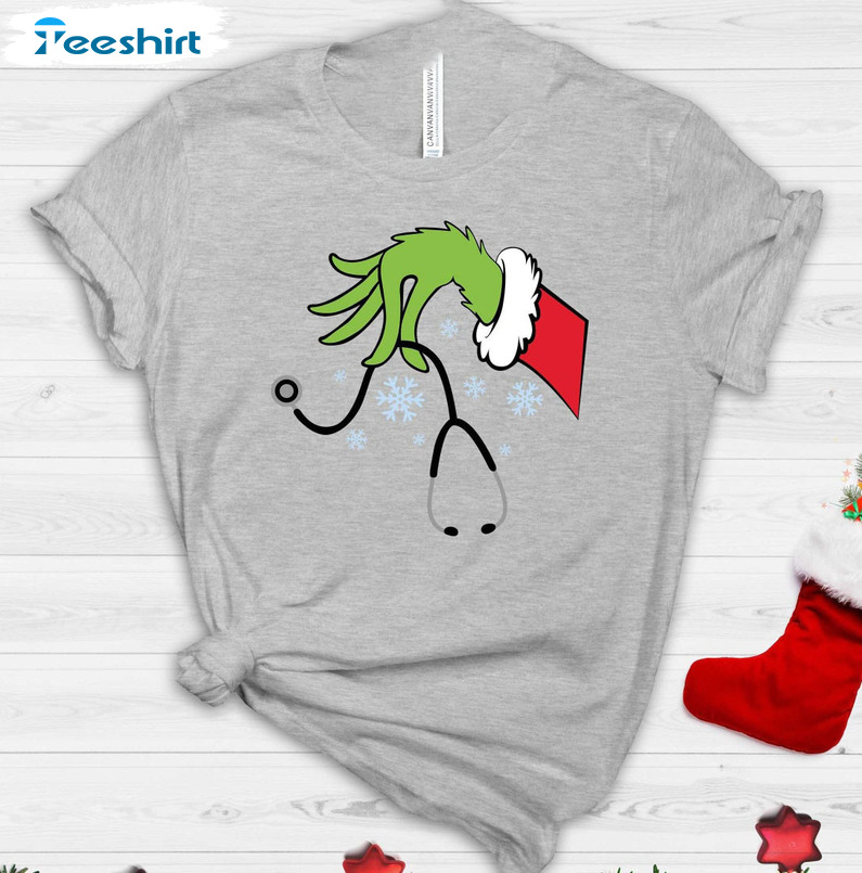 Grinch Hand Stethoscope Shirt, Snowflake Xmas Sweatshirt Short Sleeve