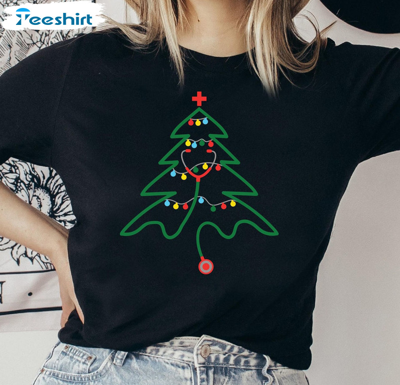 Medical Christmas Tree Shirt, Stethoscope Xmas Unisex Hoodie Short Sleeve