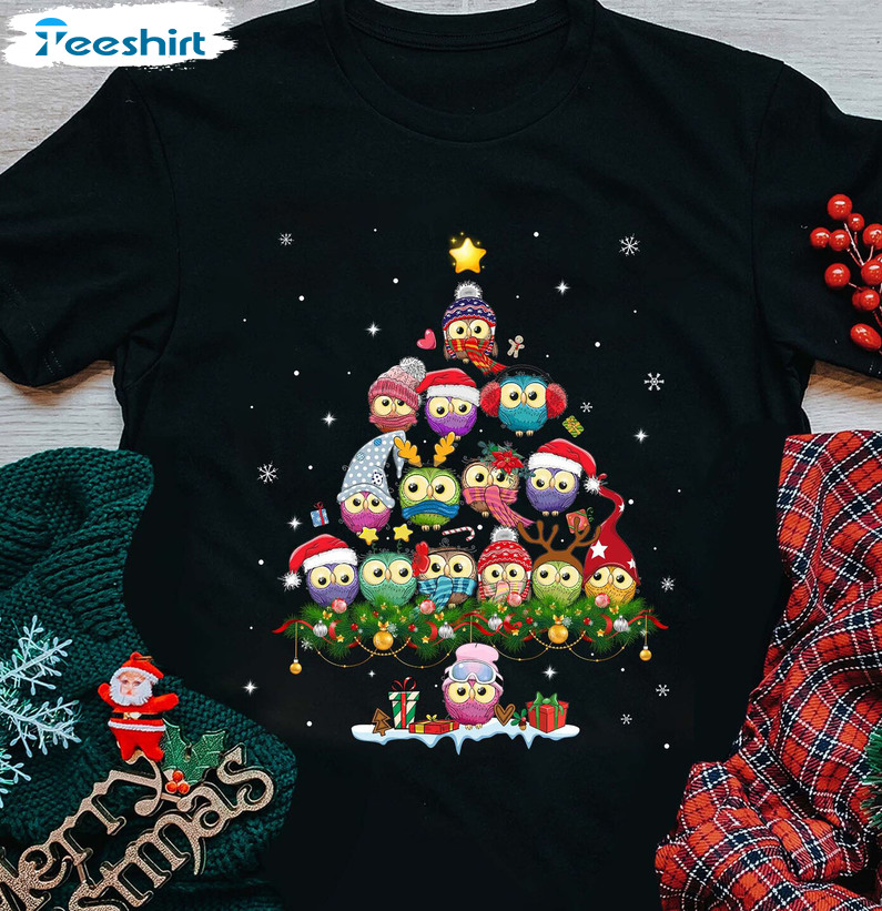 Owl Christmas Tree Shirt, Santa Claus Owl Short Sleeve Crewneck