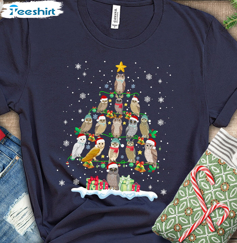 Owl Christmas Tree Shirt, Merry Christmas Short Sleeve Crewneck