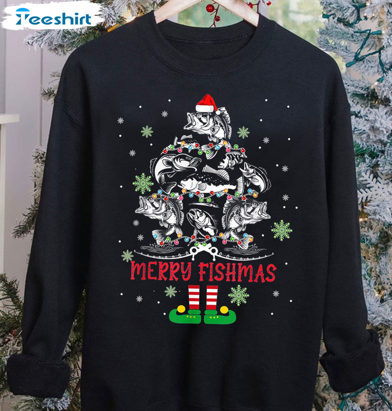 Merry Fishmas Sweatshirt, Family Funny Fishing Hoodie, Long Sleeve